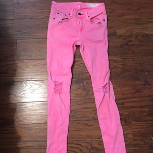 Neon Pink Rag & Bone Distressed Skinny Jeans.